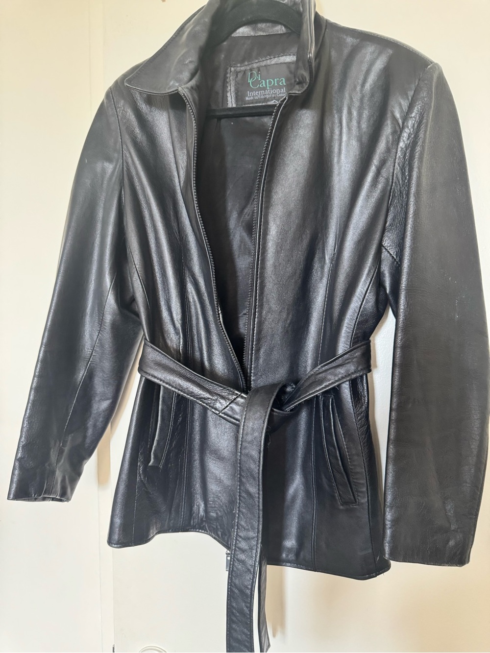 Women's Black Leather Belted Jacket
